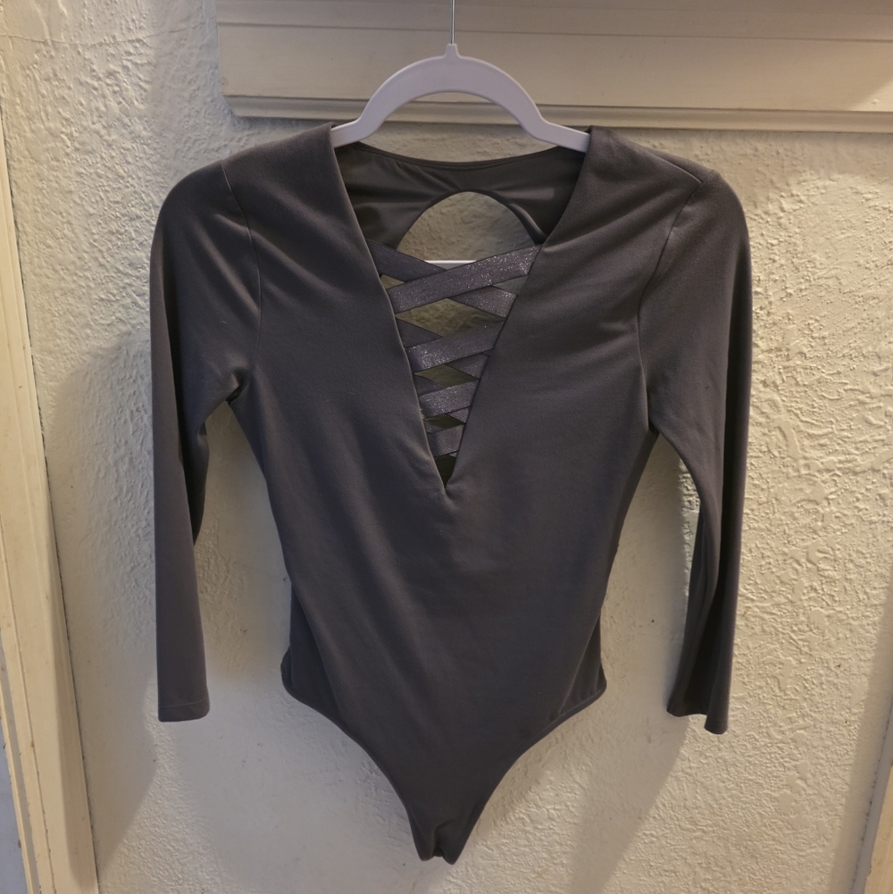 Gray Long Sleeve Bodysuit with Crisscross Detail